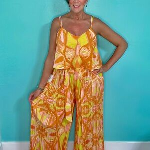 NWT Orange & Green 2 pc spaghetti strap top pleated party formal wide leg set